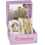 Wholesale - 8.5" ADJ. KITTY WATCH W/3 GOLD STRETCH CAT MOTIF CHARM BRACELETS RACHAEL HALE C/P 30, UPC: 7426902566483